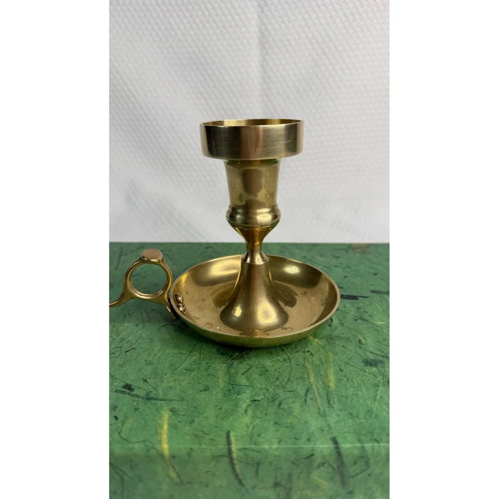 Vintage Solid Brass Chamberstick Candle Holder Gold Colonial Style Finger Loop